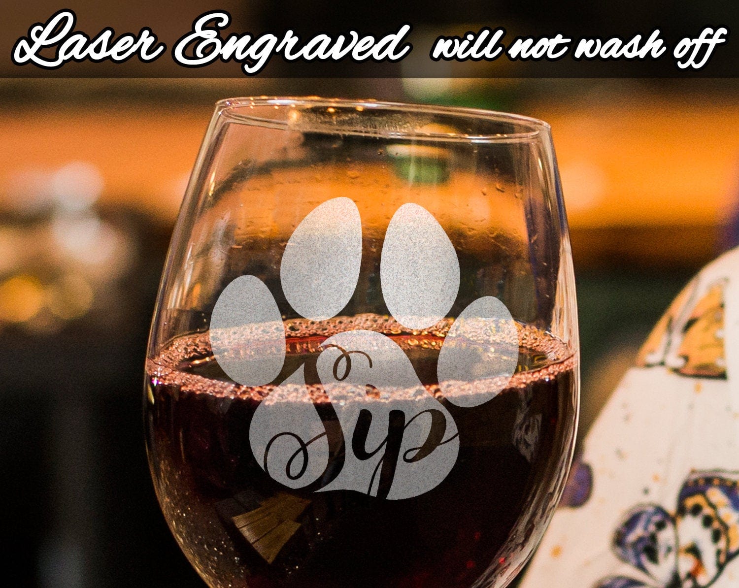 PET GIFTS Sip Engraved Stemless Wine Glass Dog Cat Paw Print Pet Owner Cute Cup First Puppy Rescue Cat Lady Animal Lovers Birthday Present Dog Mama