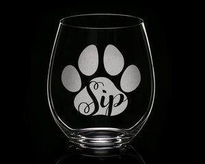 PET GIFTS Sip Engraved Stemless Wine Glass Dog Cat Paw Print Pet Owner Cute Cup First Puppy Rescue Cat Lady Animal Lovers Birthday Present Dog Mama
