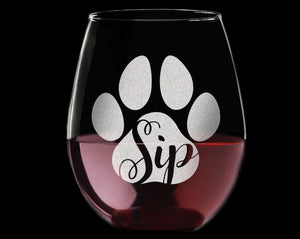 PET GIFTS Sip Engraved Stemless Wine Glass Dog Cat Paw Print Pet Owner Cute Cup First Puppy Rescue Cat Lady Animal Lovers Birthday Present Dog Mama