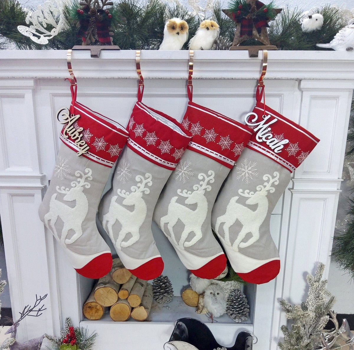 CHRISTMAS STOCKINGS Scandinavian Personalized Stocking Tufted Deer With Snowflakes Embroidered or with Cutout Wood Name Tag Christmas Stockings Family Xmas 2022