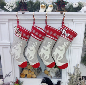 CHRISTMAS STOCKINGS Scandinavian Personalized Stocking Tufted Deer With Snowflakes Embroidered or with Cutout Wood Name Tag Christmas Stockings Family Xmas 2022
