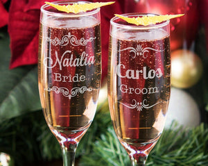 WEDDINGS Set of 2 Bride and Groom Personalized Champagne Glasses with Name Custom Engraved Wedding Toasting Champagne Flutes for Mr Mrs Newlyweds