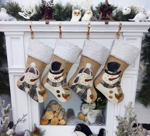 CHRISTMAS STOCKINGS Snowman Burlap and Cozy Knit Stockings Personalized Embroidered or with Cutout Wood Name Tag Christmas Stockings Family Xmas 2022