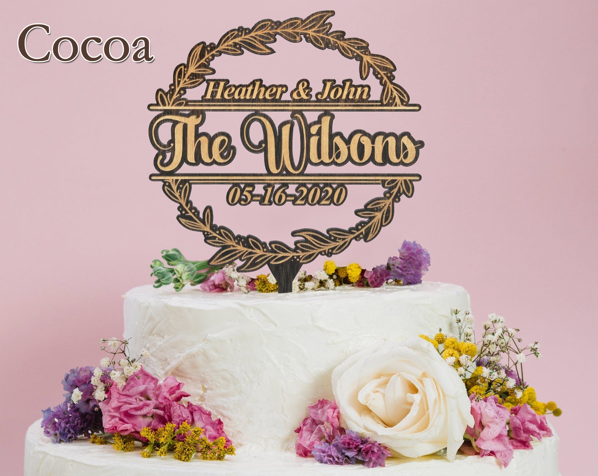 WEDDINGS Anniversary Wedding Couple Laser Engraved Last Name Wreathe Cake Decor Love Wooden Rustic Bridal Topper Personalized Custom Party Decoration