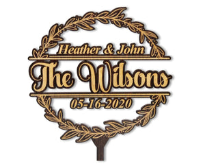 WEDDINGS Anniversary Wedding Couple Laser Engraved Last Name Wreathe Cake Decor Love Wooden Rustic Bridal Topper Personalized Custom Party Decoration