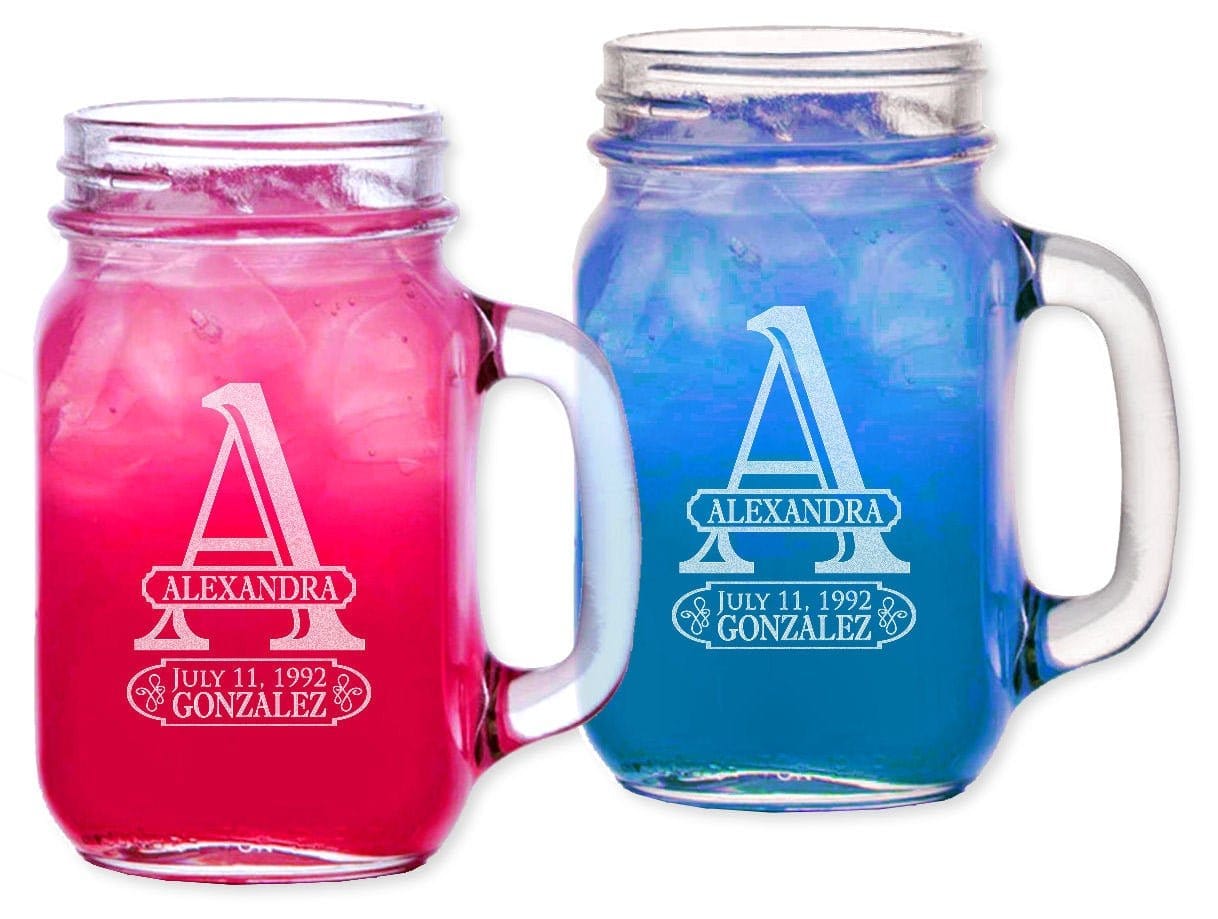 WEDDINGS Birthday Initial  Mason Jars Custom Engraved Birthday GIft or Party Favor Idea Handle Mug Drinking Glasses Set of 2 Custom Pair of Glasses