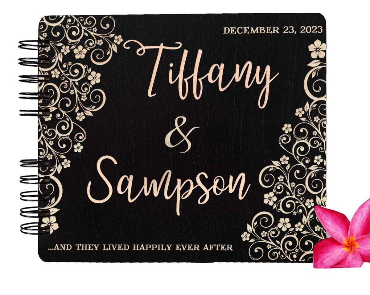 WEDDINGS Black 80 Pages / Ivory Blank Paper Wooden Ever After Flower Wedding Custom Guest Book 8.7x7 Mahogany Stain Husband Wife Anniversary Guestbook Bridal Shower Favor Advice Book
