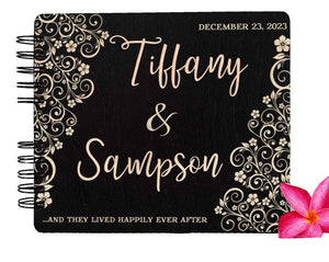 WEDDINGS Black 80 Pages / Ivory Blank Paper Wooden Ever After Flower Wedding Custom Guest Book 8.7x7 Mahogany Stain Husband Wife Anniversary Guestbook Bridal Shower Favor Advice Book