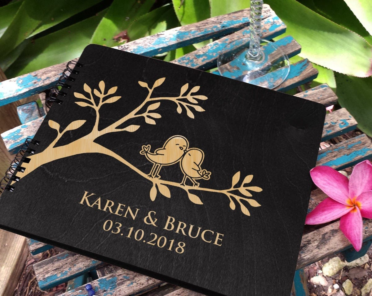 WEDDINGS Black 80 Pages / With Blank Pages Love Birds Couple Rustic 8.5x7 Wooden Guestbook Bride Groom Soon to Be Mr Mrs Personalized Engraved Wedding Album Bridal Shower Gift
