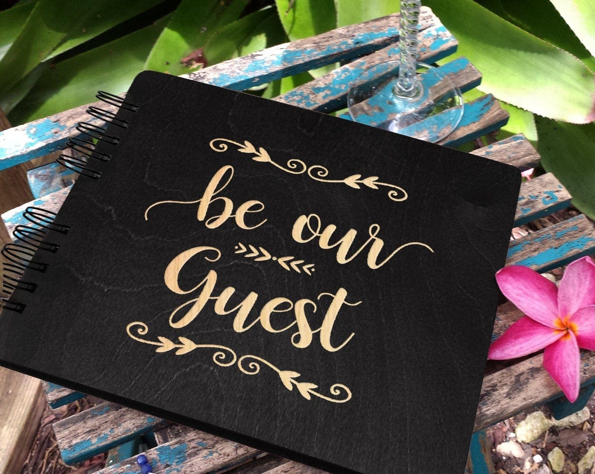WEDDINGS Black Wood 8.5 x 7 / 80 Pages Ivory Blank Be Our Guest Wedding Gift Bridal Shower for Bride Groom Guest Book Rustic Ceremony Reception Decor Newlyweds Couples Wooden Sign In Gifts