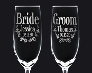 WEDDINGS Bridal Shower Personalized Bride Groom Flutes Set of 2 Vow Renewal Future Mr Mrs Wedding Champagne Glasses Newlywed Couples Engraved Gifts