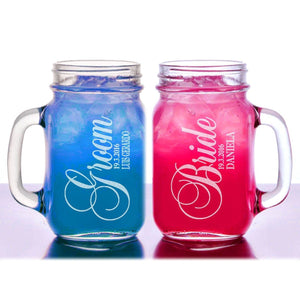 WEDDINGS Bride Groom Personalized Mason Jars Set of 2 Engraved Gift Idea Couples for him her Wedding Gift Bridal Shower Newlywed Engagement