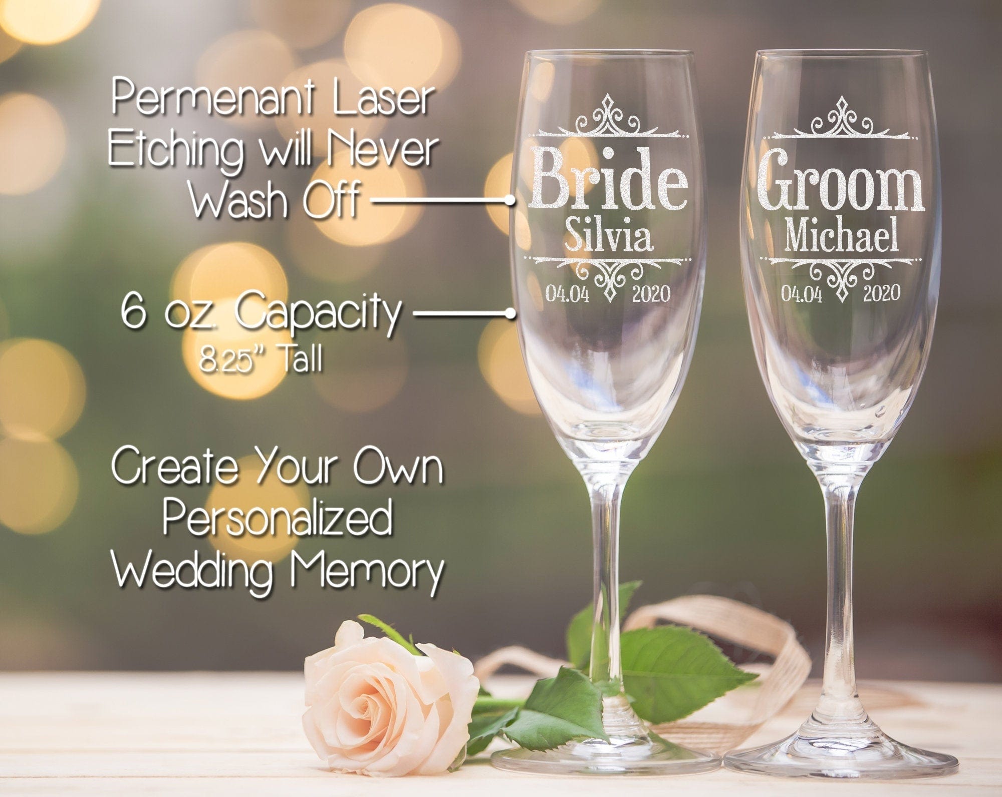 WEDDINGS Bride Groom Rustic Design Set of 2 Flutes Glasses Wedding Party Decoration Rehearsal Dinner Toasting Flute Bridal Shower Personalized Gift