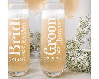 WEDDINGS Bride Groom Set of 2 Stemless Champagne Flutes Personalized Engraved Gifts for Women Couples Table Centerpiece Anniversary Decor Gift