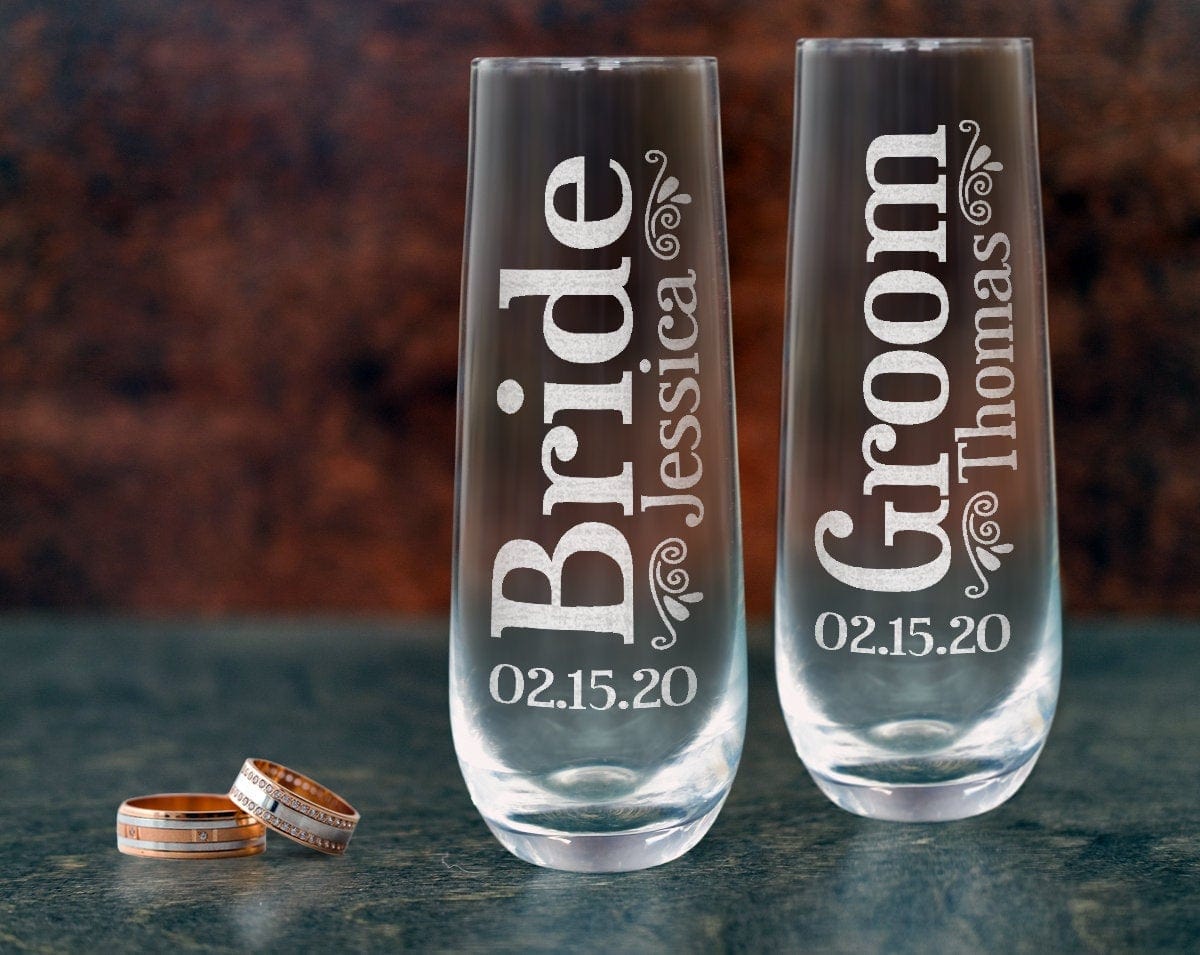 WEDDINGS Bride Groom Set of 2 Stemless Champagne Flutes Personalized Engraved Gifts for Women Couples Table Centerpiece Anniversary Decor Gift