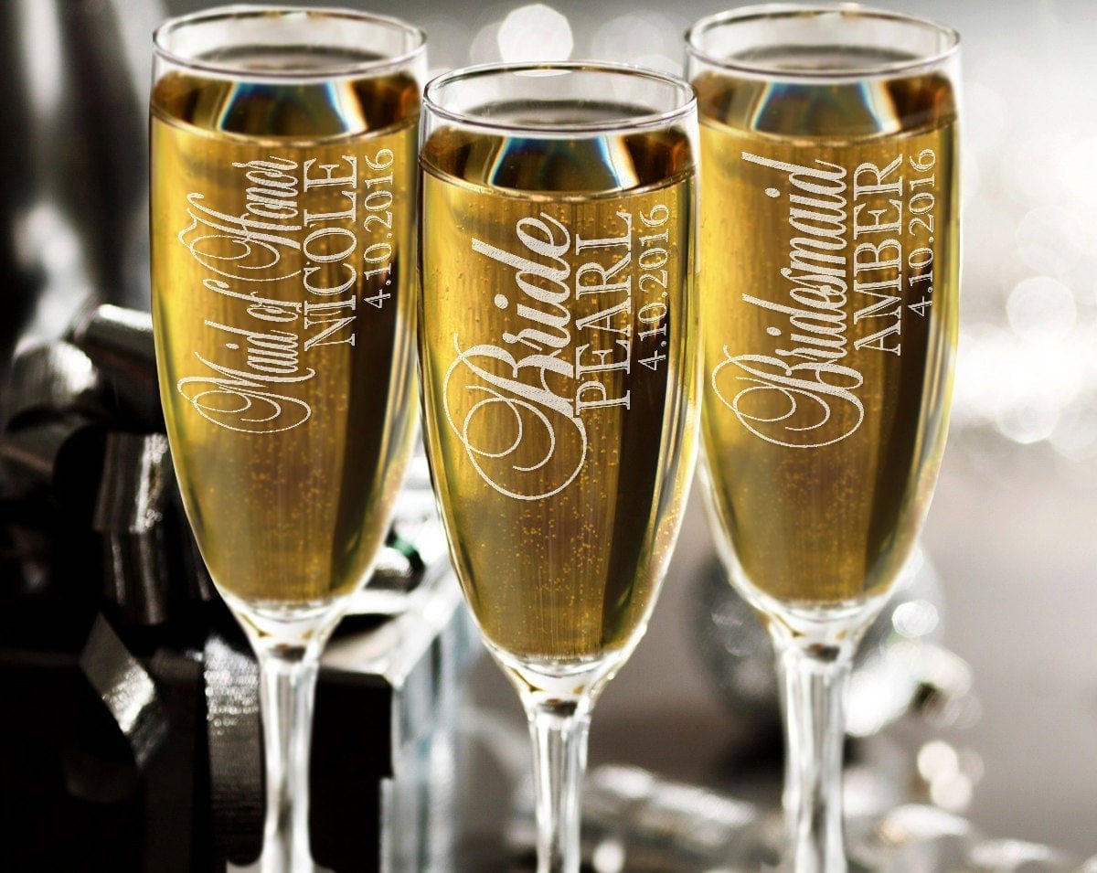 WEDDINGS Bridesmaid Gift Custom Champagne Glasses Wedding Party Favors Bridal Shower Gifts Bride to Be Bridesmaids Parents of Bride Wedding Couples