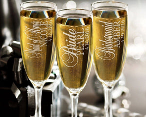 WEDDINGS Bridesmaid Gift Custom Champagne Glasses Wedding Party Favors Bridal Shower Gifts Bride to Be Bridesmaids Parents of Bride Wedding Couples
