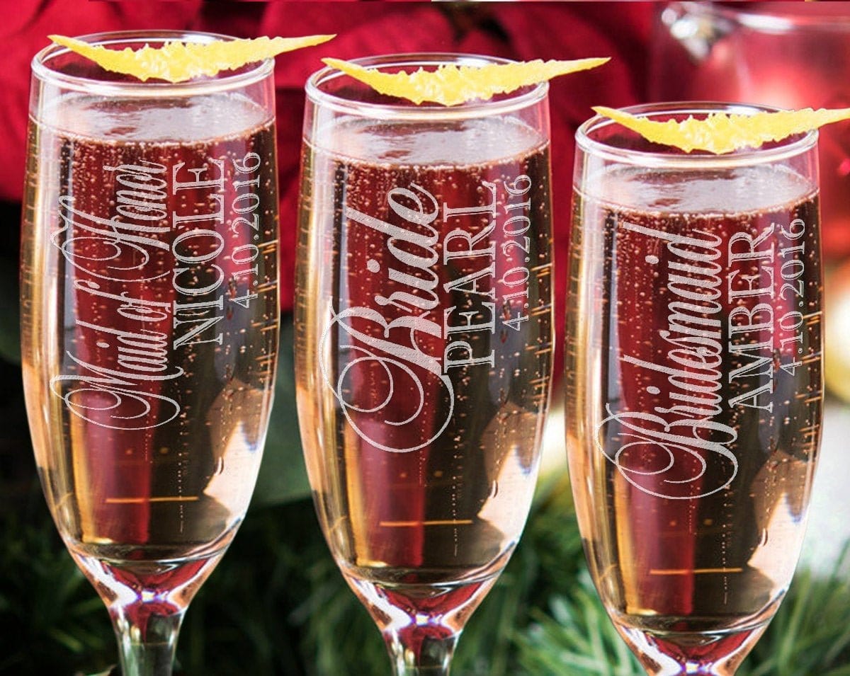 WEDDINGS Bridesmaid Gift Custom Champagne Glasses Wedding Party Favors Bridal Shower Gifts Bride to Be Bridesmaids Parents of Bride Wedding Couples