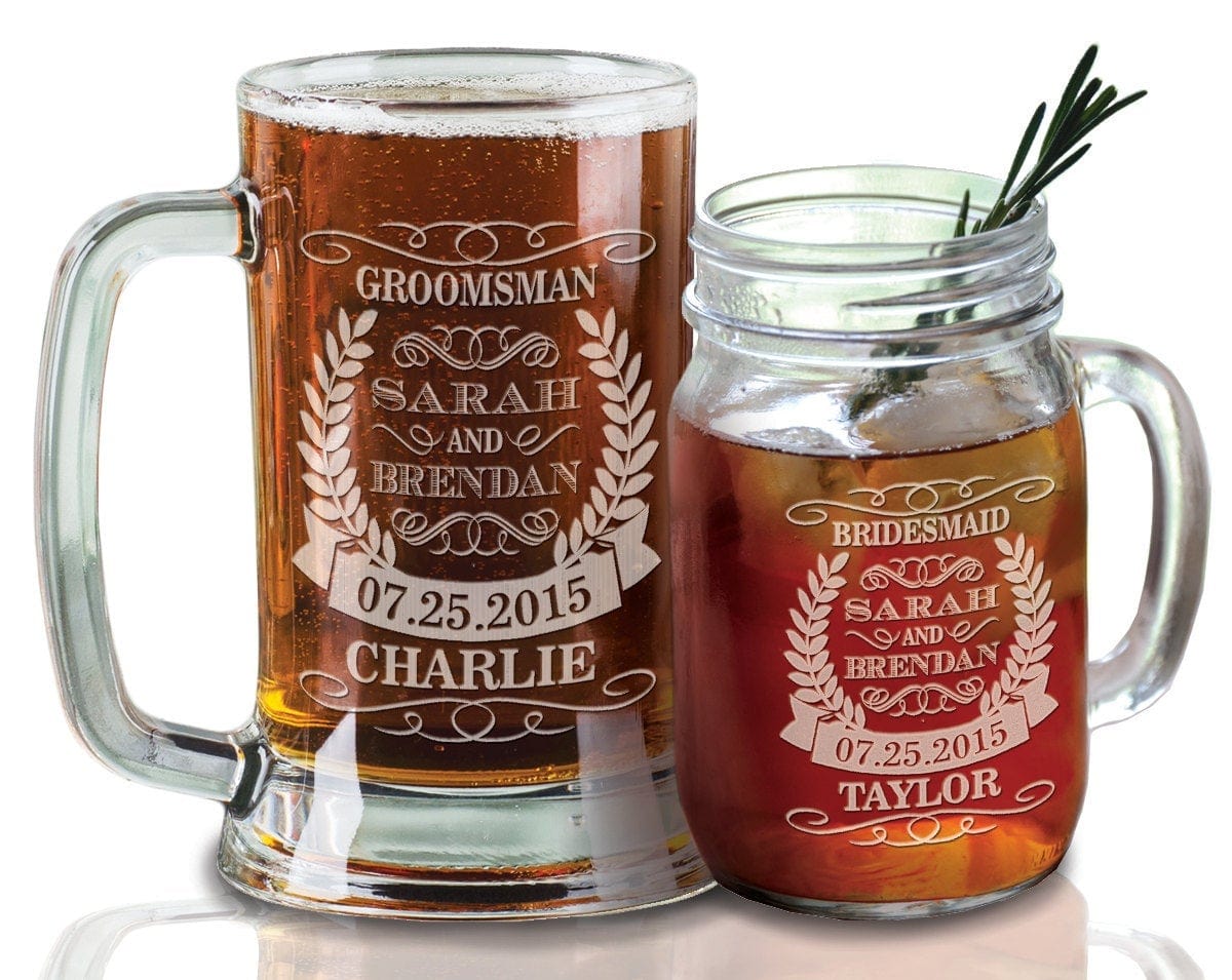 WEDDINGS Bridesmaid Gifts Groomsmen Gift 16Oz Beer Mugs or Mason Jar Mug Wedding Gifts for Parents Title Name Personalized Presents Bulk Discount