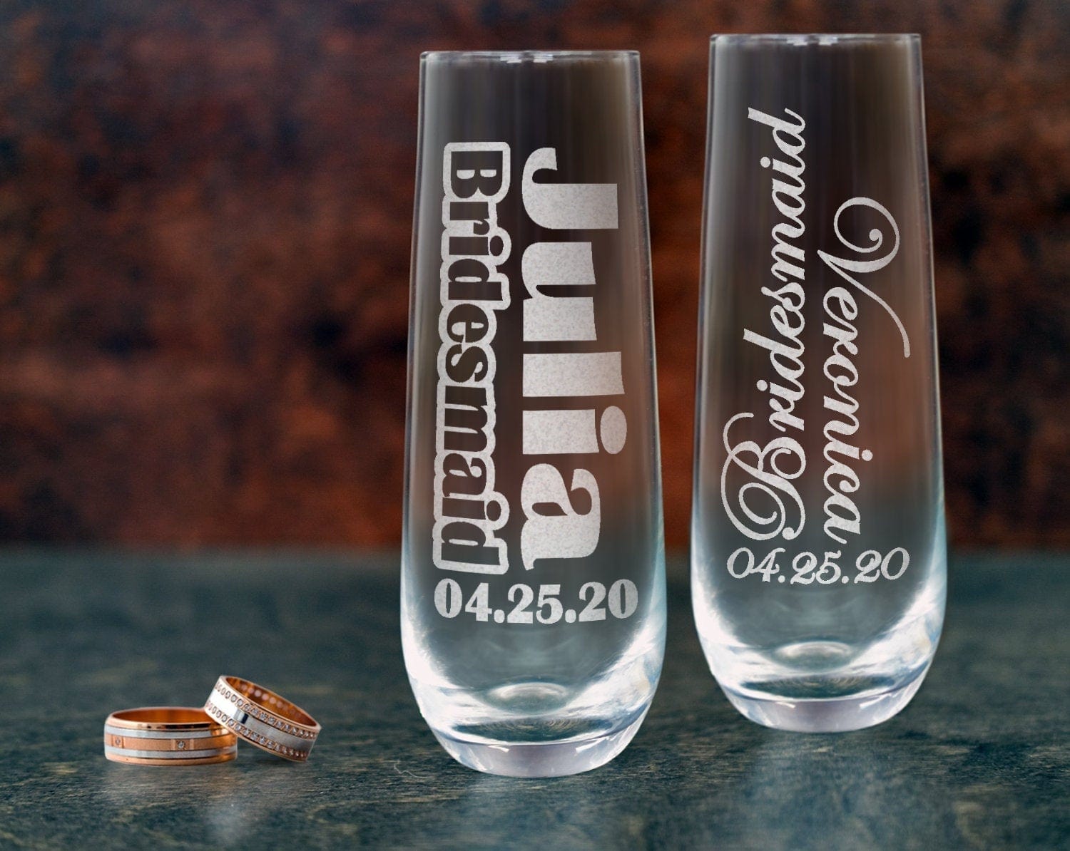 WEDDINGS Bridesmaid Proposal Personalized Ladies Stemless Champagne Wine Glasses Single Day of Wedding Bridal Celebration Bride Mother Mimosa Glass