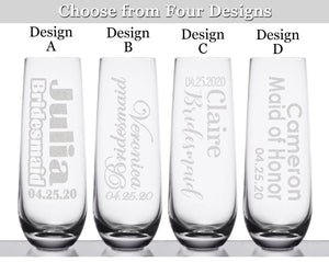WEDDINGS Bridesmaid Proposal Personalized Ladies Stemless Champagne Wine Glasses Single Day of Wedding Bridal Celebration Bride Mother Mimosa Glass