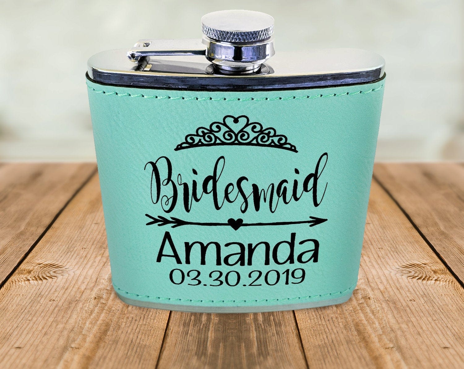 WEDDINGS Bridesmaid Teal or Pink Leather Customized Flask Engraved for Bride Beach Wedding Destination Gift Stainless Steel Sister Mother of Bride