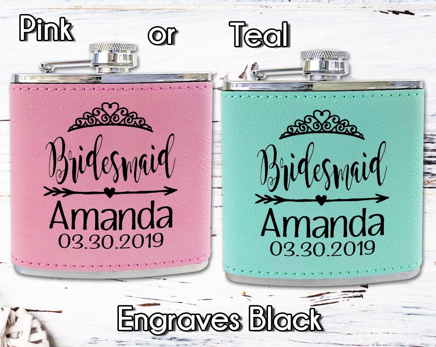WEDDINGS Bridesmaid Teal or Pink Leather Customized Flask Engraved for Bride Beach Wedding Destination Gift Stainless Steel Sister Mother of Bride