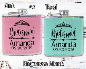 WEDDINGS Bridesmaid Teal or Pink Leather Customized Flask Engraved for Bride Beach Wedding Destination Gift Stainless Steel Sister Mother of Bride
