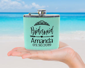 WEDDINGS Bridesmaid Teal or Pink Leather Customized Flask Engraved for Bride Beach Wedding Destination Gift Stainless Steel Sister Mother of Bride