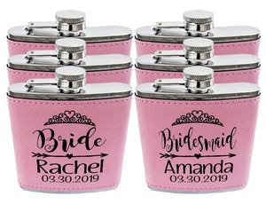 WEDDINGS Bridesmaid Teal or Pink Leather Customized Flask Engraved for Bride Beach Wedding Destination Gift Stainless Steel Sister Mother of Bride