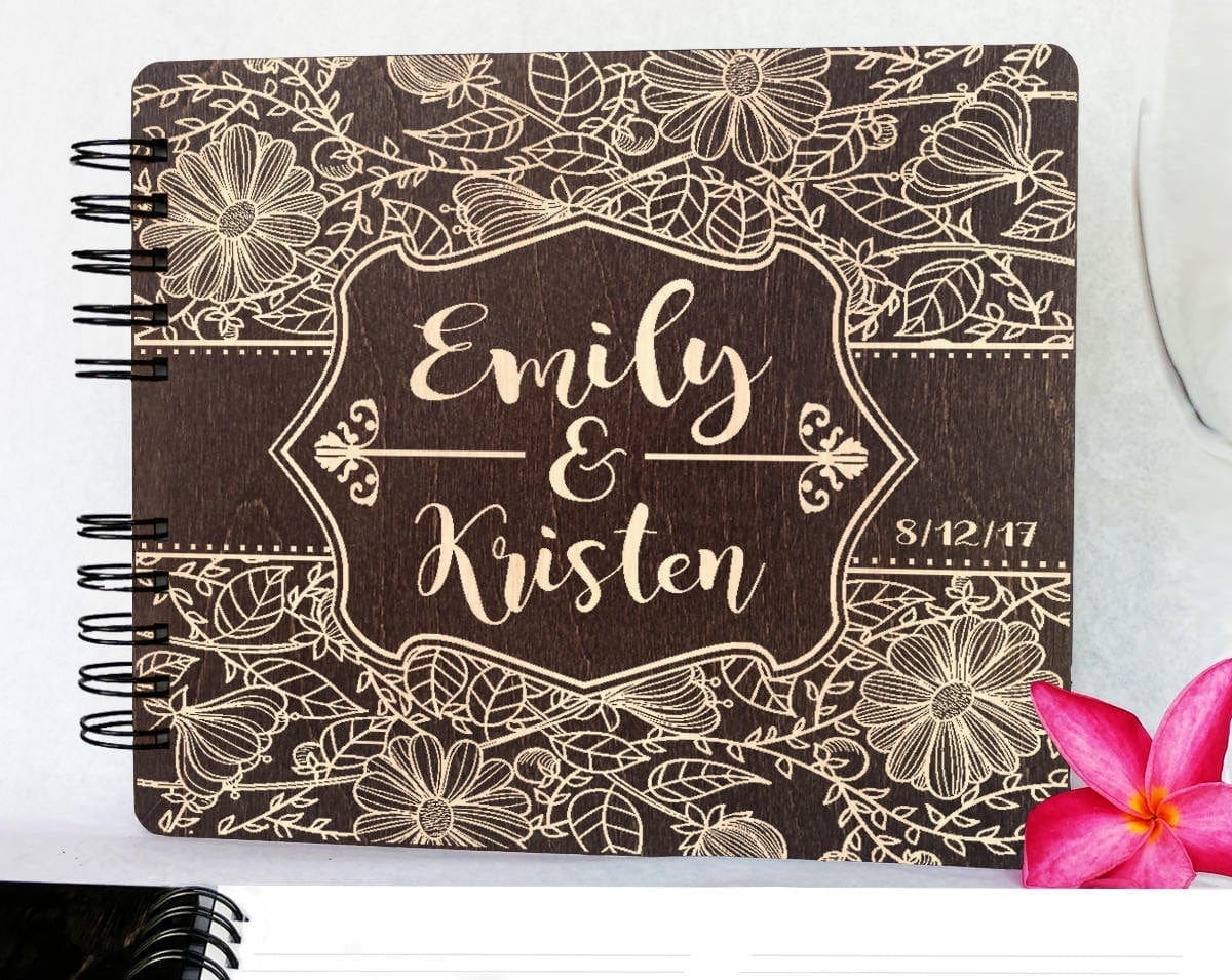 WEDDINGS Burnt Coca 80 Pages / Blank Pages Personazlied Flower Design Wedding Guest Book 8.5x7 Rustic Wood Engraved Unique Bride Groom Guest Album Anniversary Guestbook