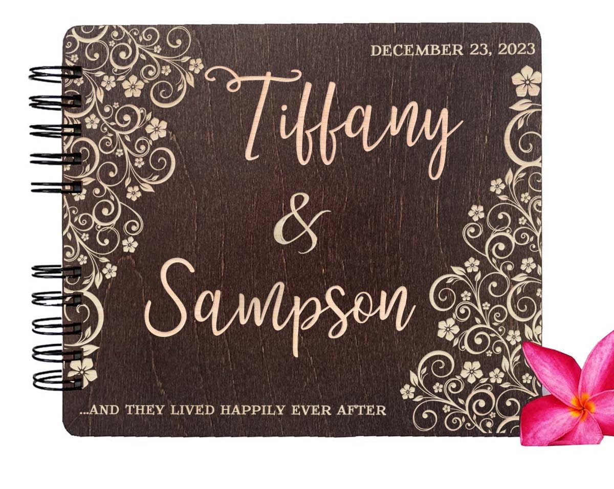 WEDDINGS Burnt Coca 80 Pages / Ivory Blank Paper Wooden Ever After Flower Wedding Custom Guest Book 8.7x7 Mahogany Stain Husband Wife Anniversary Guestbook Bridal Shower Favor Advice Book