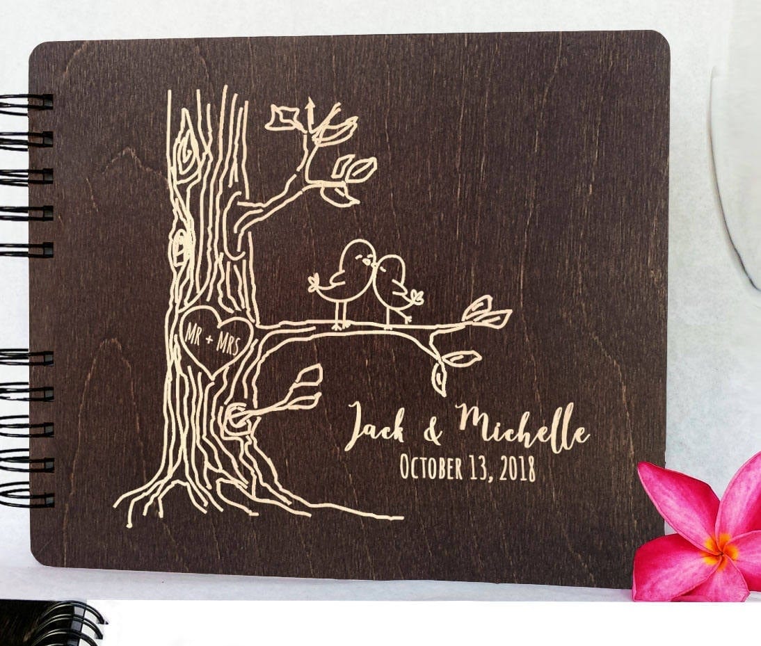 WEDDINGS Burnt Cocoa 8.5 x 7 / 80 Pages Ivory Blank Personalized Love Birds Wooden Wedding Guest Book 8.5x7" Wood Alternate Unique Barn Mr Mrs Guestbook Custom Newlywed Wedding Guest Register