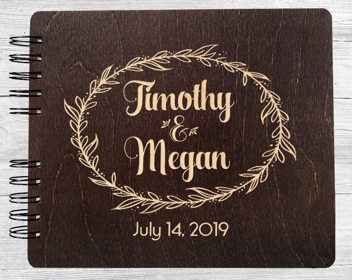 WEDDINGS Burnt Cocoa 8.5 x 7 / 80 Pages Ivory Blank Wreathe Soon to Be Married Custom Alternate Rustic Guest Book Gift Wooden Personalize Guestbook Bridal Shower Wedding Guests Sign In Book