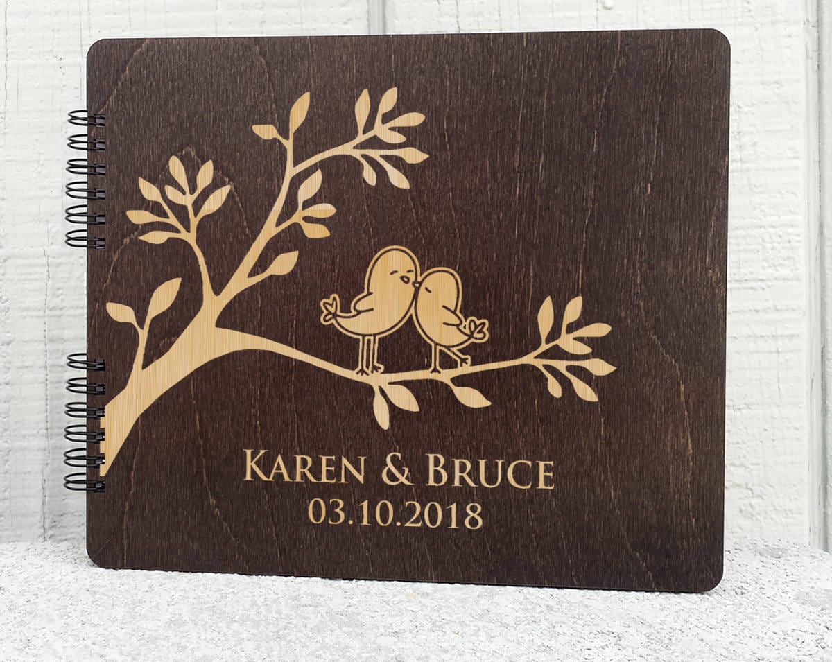WEDDINGS Burnt Cocoa 80 Pages / With Blank Pages Love Birds Couple Rustic 8.5x7 Wooden Guestbook Bride Groom Soon to Be Mr Mrs Personalized Engraved Wedding Album Bridal Shower Gift
