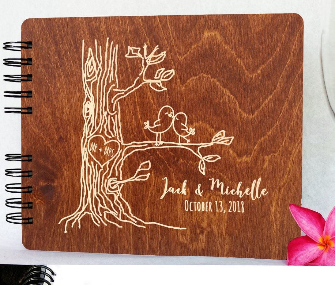 WEDDINGS Carmel Oak 8.5 x 7 / 80 Pages Ivory Blank Personalized Love Birds Wooden Wedding Guest Book 8.5x7" Wood Alternate Unique Barn Mr Mrs Guestbook Custom Newlywed Wedding Guest Register