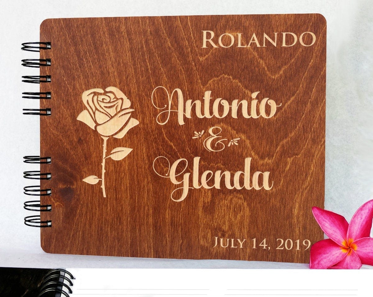 WEDDINGS Carmel Oak 8.5 x 7 / 80 Pages Ivory Blank Wood Flower Custom Guest Book Album Be Our Guest Personalized Wedding Favor Rustic Engraved Bridal Shower Gift Bride Groom Gift Photo Booth