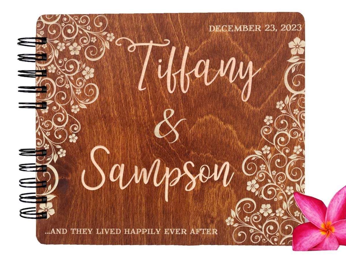 WEDDINGS Carmel Oak 80 Pages / Ivory Blank Paper Wooden Ever After Flower Wedding Custom Guest Book 8.7x7 Mahogany Stain Husband Wife Anniversary Guestbook Bridal Shower Favor Advice Book