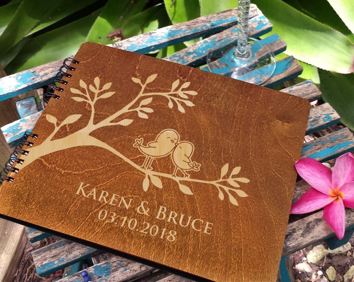 WEDDINGS Carmel Oak 80 Pages / With Blank Pages Love Birds Couple Rustic 8.5x7 Wooden Guestbook Bride Groom Soon to Be Mr Mrs Personalized Engraved Wedding Album Bridal Shower Gift