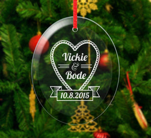 WEDDINGS Couple Heart Glass Christmas Ornament Personalized Him Her Couples Gift Love Engraved Names Date Wedding Married Engagement Anniversary