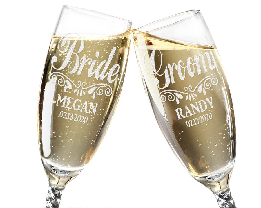 Wedding Champagne Glasses For Bride & Groom - Elegant White Lace Etched Flutes For Wedding Toasts - View #6