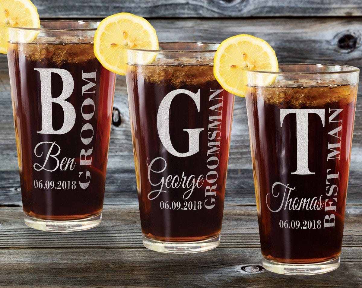 WEDDINGS Custom Pub Glass Groomsmen Team Groom Gift for Wedding Party Bachelor Favors for guests Bridal Shower Gifts for Ladies Men Glasses