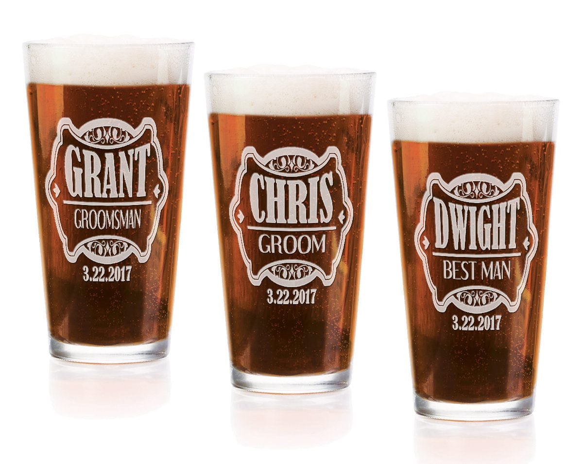 WEDDINGS Custom Rustic Shield Pub Glass for Men Women Wedding Party Best Man Gifts Father Dad Brother Gifts Birthday Christmas Grandparent Gift