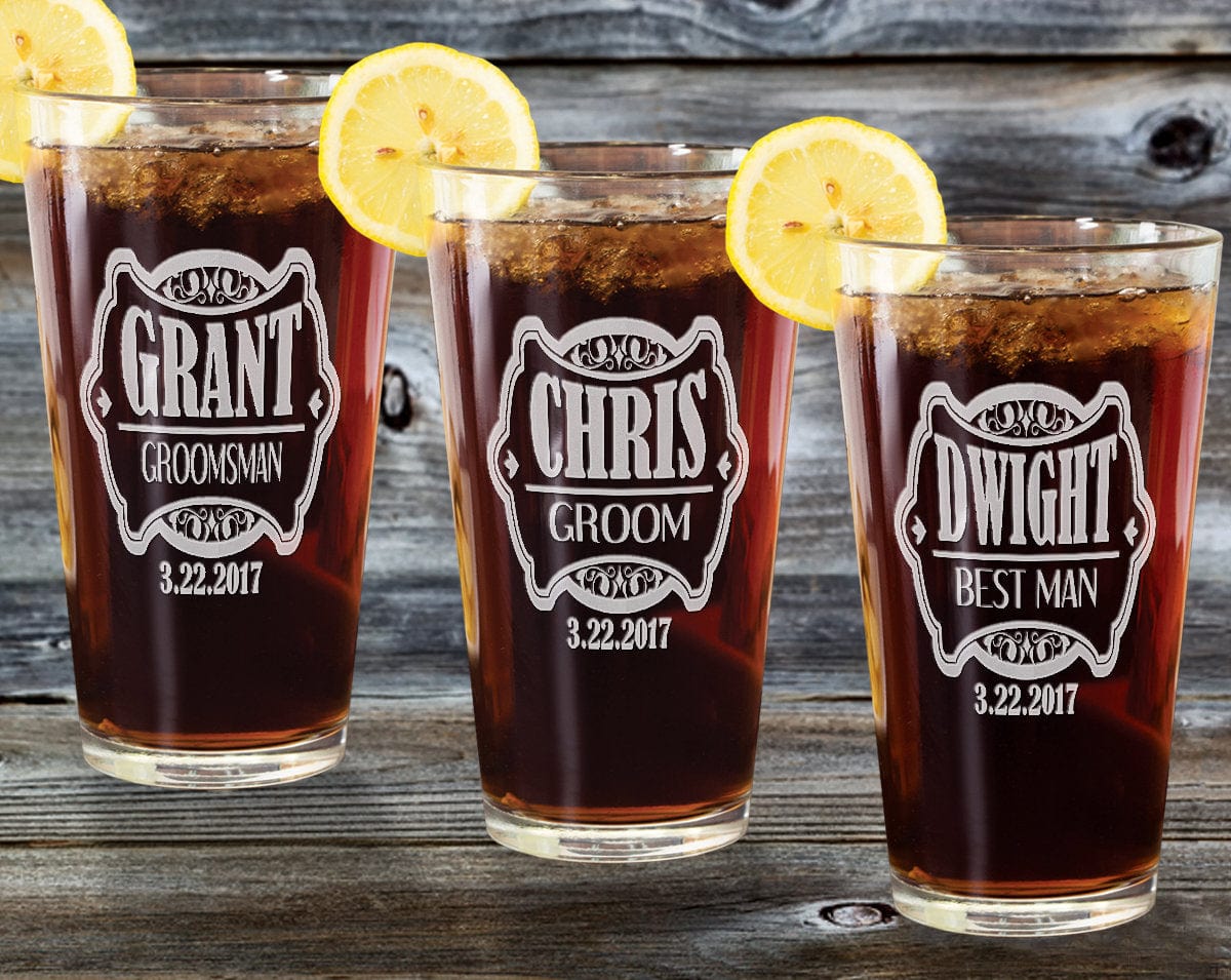 WEDDINGS Custom Rustic Shield Pub Glass for Men Women Wedding Party Best Man Gifts Father Dad Brother Gifts Birthday Christmas Grandparent Gift