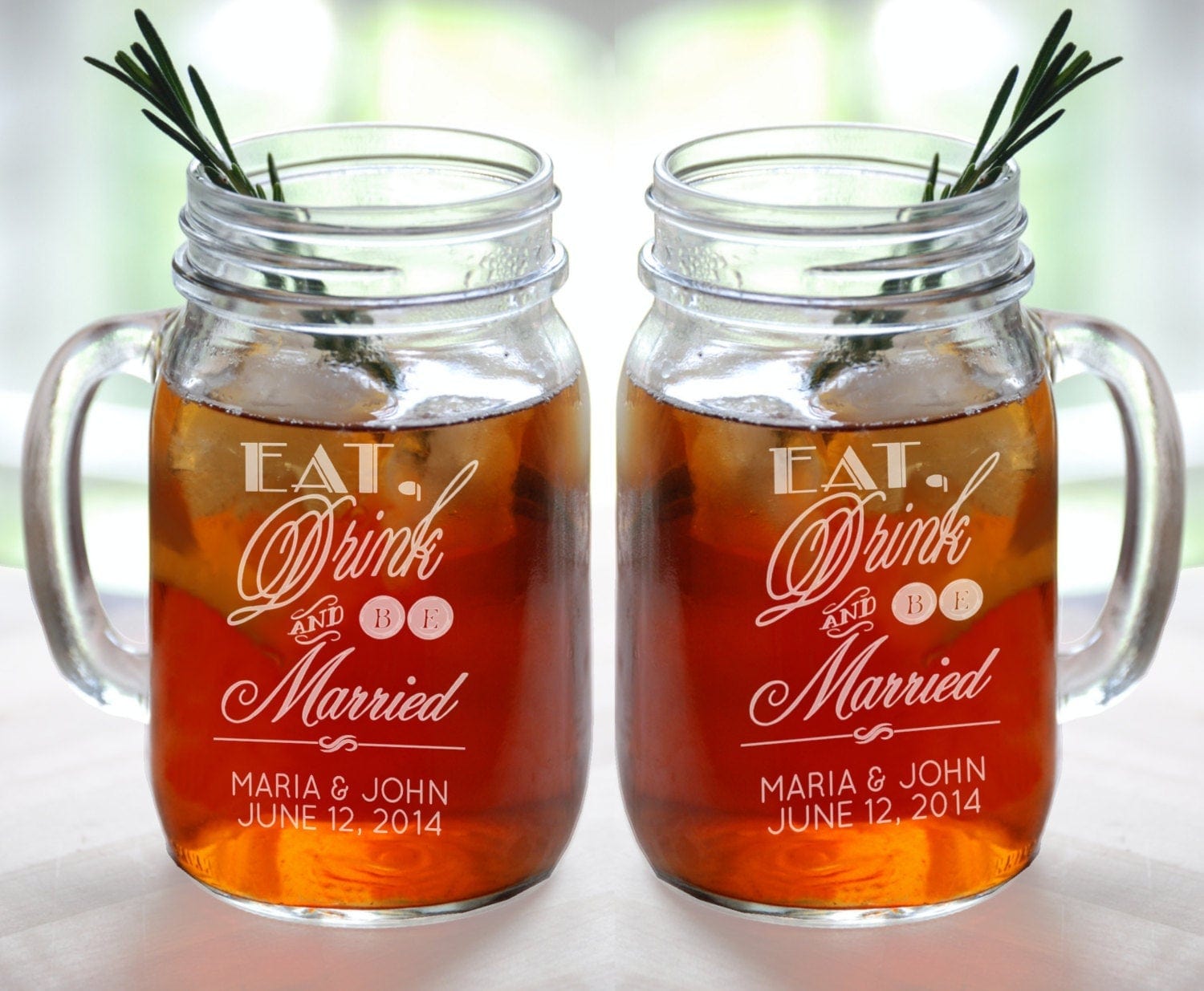 WEDDINGS Eat Drink and Be Married Personalized Wedding Mason Jars Engraved Wedding Favor Idea Handle Mug Drinking Glasses Set of 2 Custom Glasses