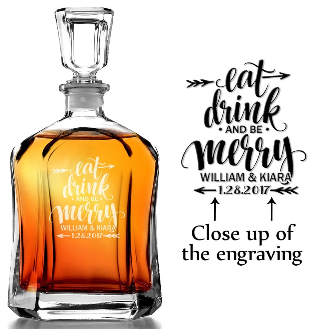 WEDDINGS Eat Drink and Be Merry Personalized Decanter Christmas Wedding Gift for Newlyweds Custom Engraved Whiskey Decanter Bride Groom Present