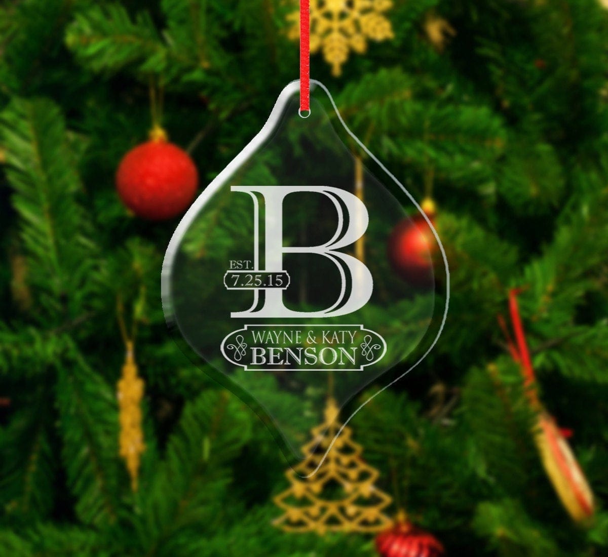 WEDDINGS Family Name Initial Monogram Christmas Ornament Etched First Christmas Glass Gift For Husband Wife Couple Love Personalize Name Date Wedding