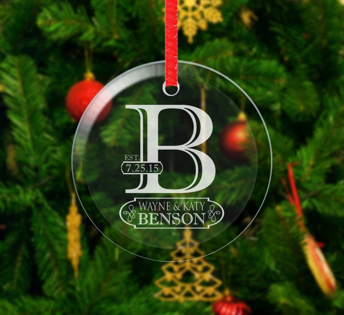 WEDDINGS Family Name Initial Monogram Christmas Ornament Etched First Christmas Glass Gift For Husband Wife Couple Love Personalize Name Date Wedding