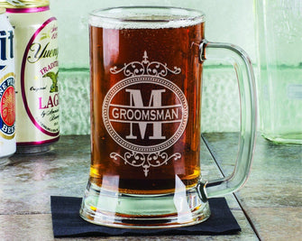 WEDDINGS Fancy Initial Engraved Wedding Party Beer Stein Personalized for Groomsman Best Man Father of the Bride Gift for In Laws Brother Birthday