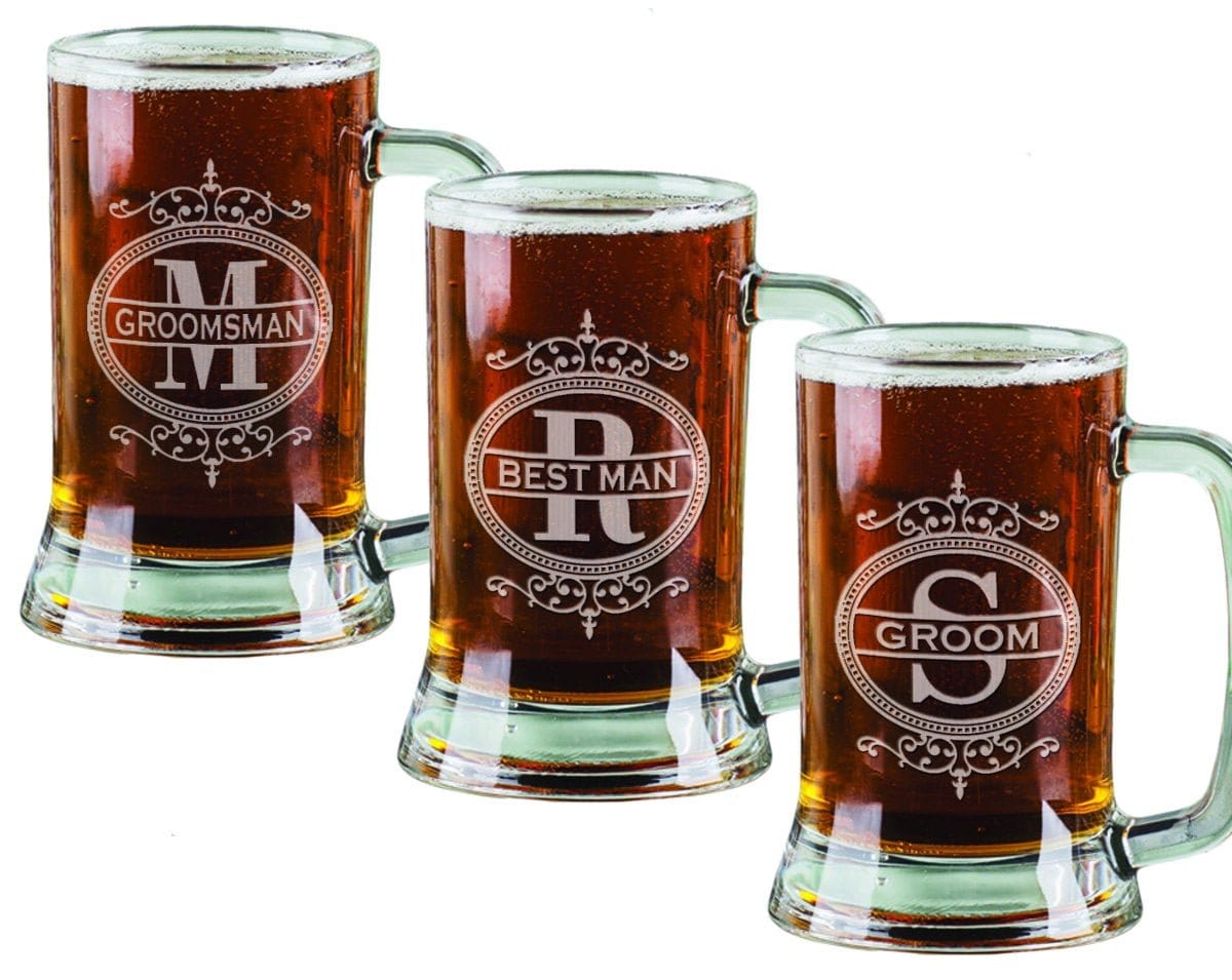 WEDDINGS Fancy Initial Engraved Wedding Party Beer Stein Personalized for Groomsman Best Man Father of the Bride Gift for In Laws Brother Birthday
